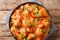 MafeÃÂ is a famous and popular West African dish cooked chicken in spicy peanut sauce close-up in a plate. Horizontal top view